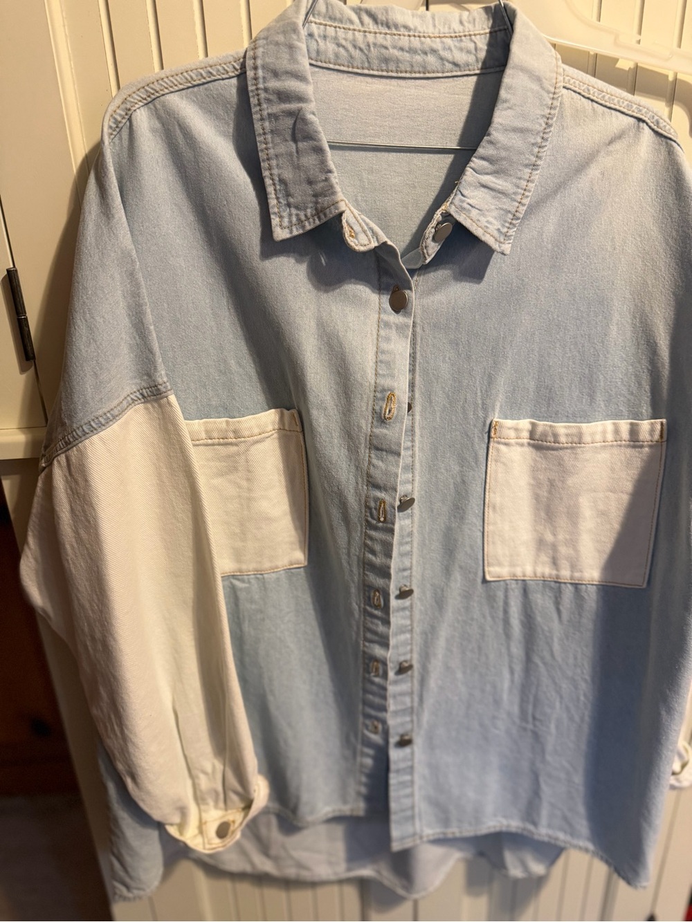 Light Blue and White Colorblock Denim Shirt - Unbranded